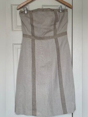 Harve Bernard Strapless Beige Panel A-Line Linen Dress